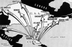 1962 --- This newspaper map from the time of the Cuban Missile Crisis shows the distances from Cuba of various cities on the North American Continent. --- Image by © Bettmann/CORBIS