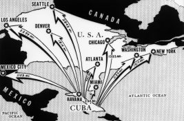 1962 --- This newspaper map from the time of the Cuban Missile Crisis shows the distances from Cuba of various cities on the North American Continent. --- Image by © Bettmann/CORBIS